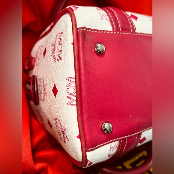Red and White MCM Small Boston Satchel Bag w/ Brown Suede liner. MCM Monogram - Picture 8 of 16